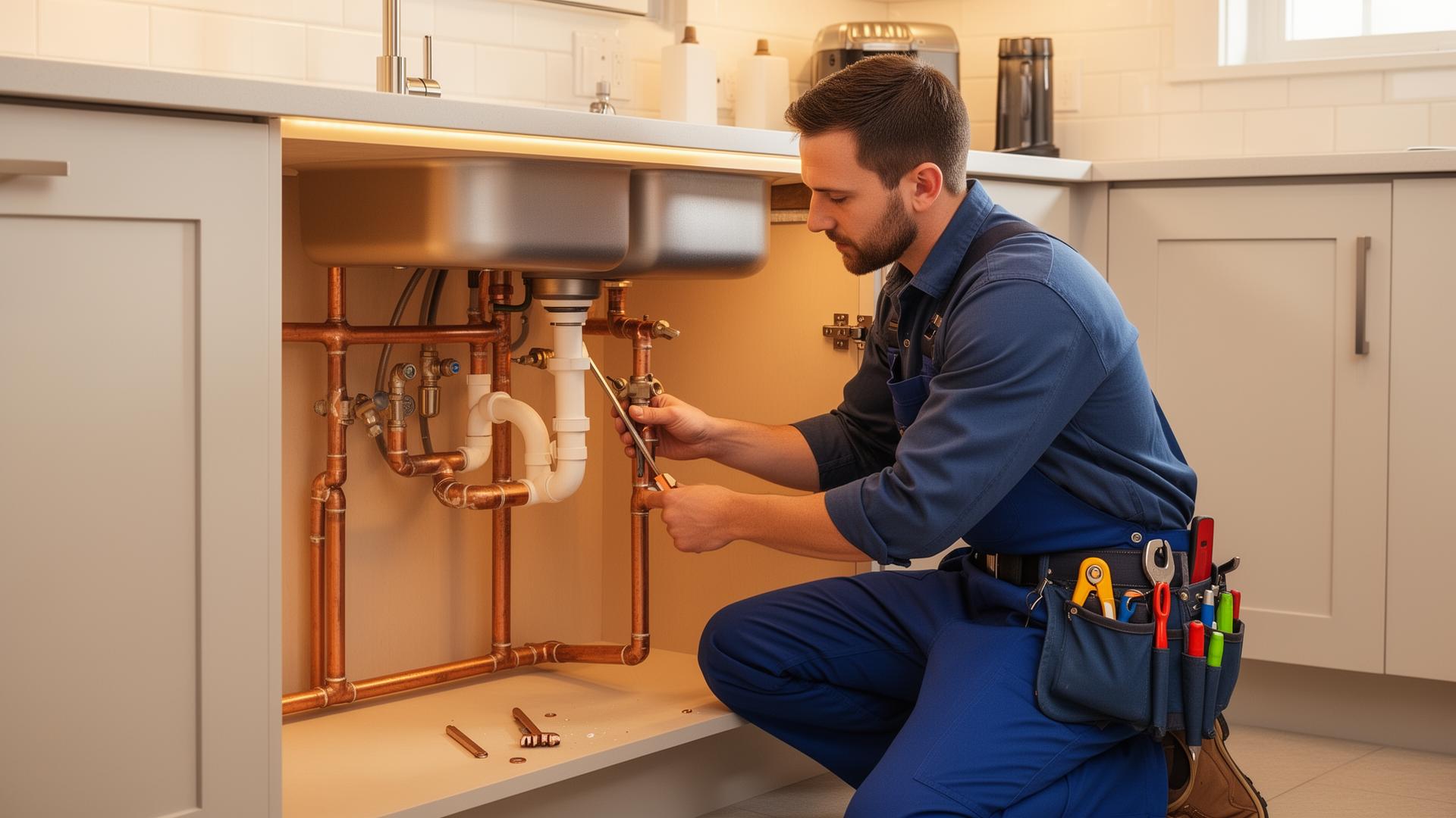 A professional plumber working on copper piping beneath a kitchen sink