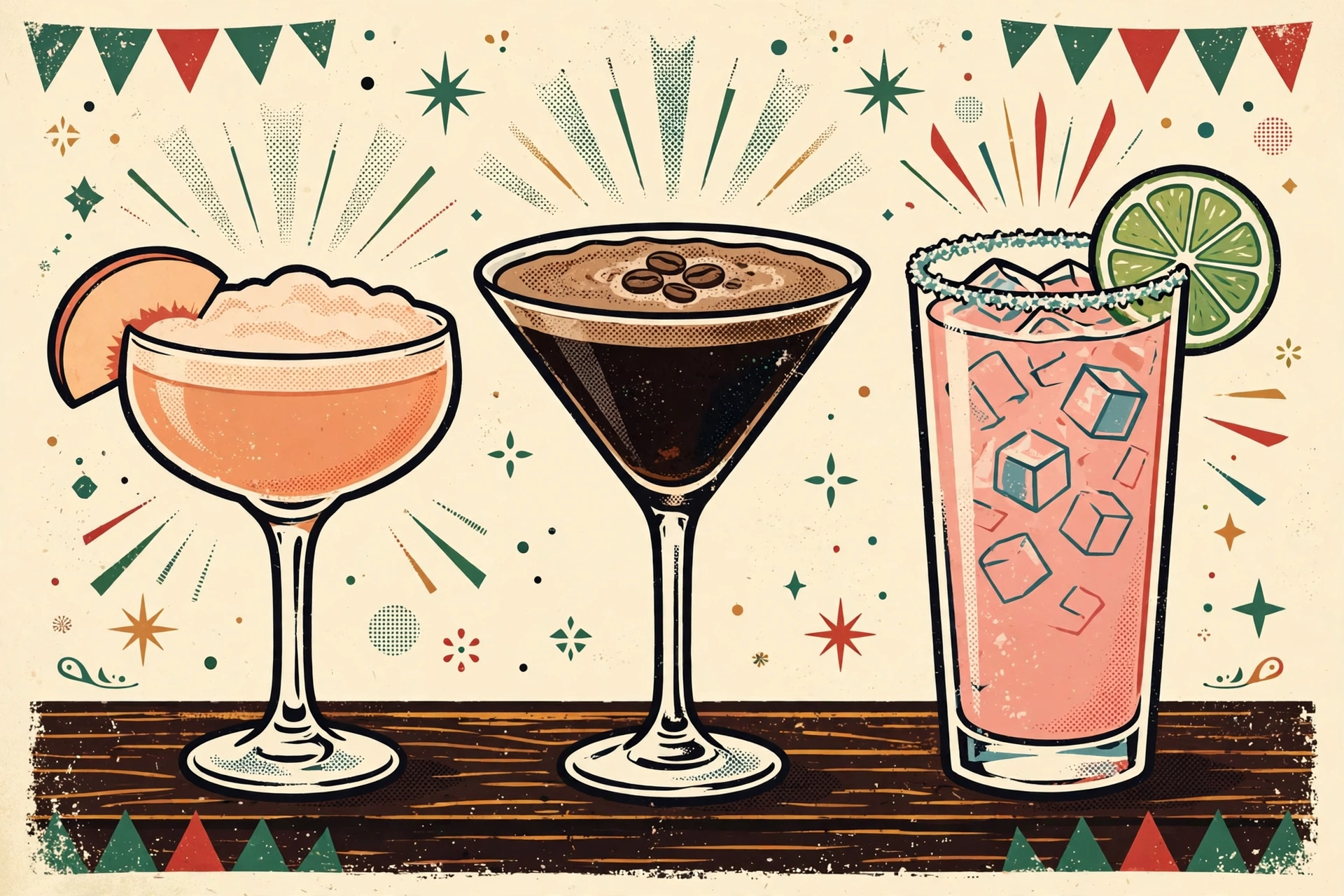 Poster illustration of the three signature cocktails: the frothy Peachy Keen coupe, the Espresso Martini, and the pink Paloma with a salted rim