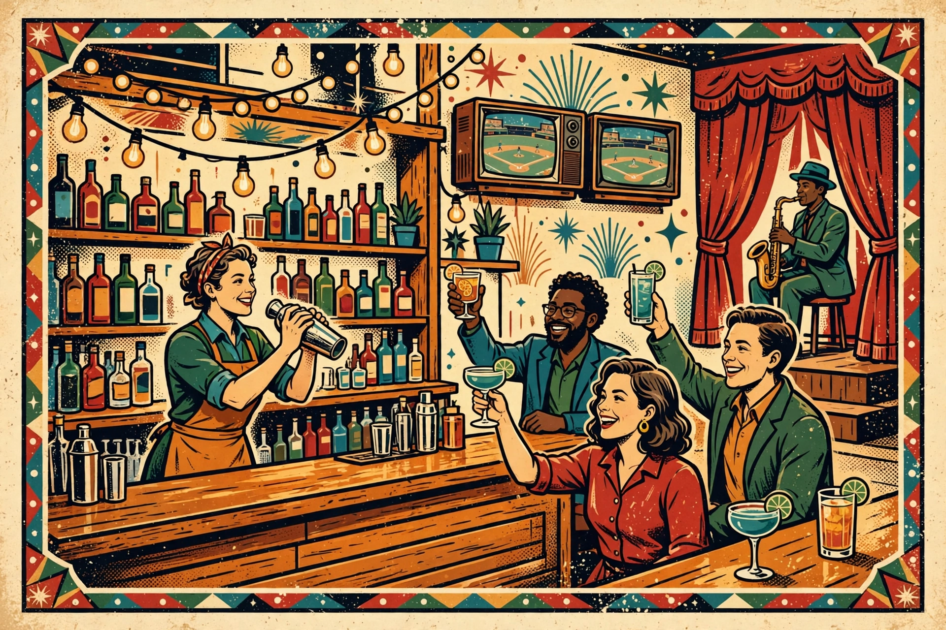 Vintage poster illustration of The Famous bar interior — bartender shaking cocktails, friends raising glasses, baseball on the TVs and a sax player on the little stage