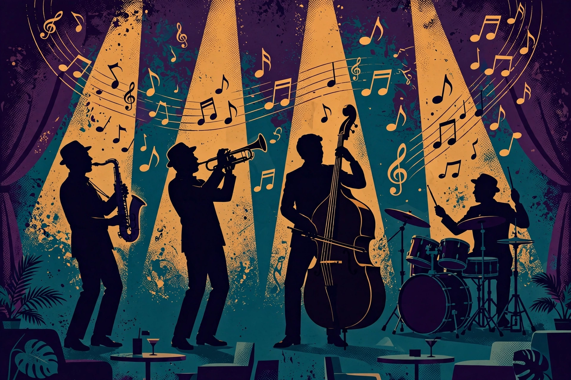 Poster illustration of the Wednesday jazz quartet under amber stage lights